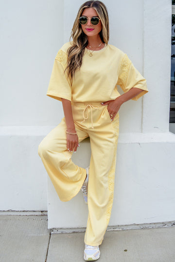 Yellow Cream Lace Patchwork Half Sleeve Top Elastic Waist Pants Two Piece Set