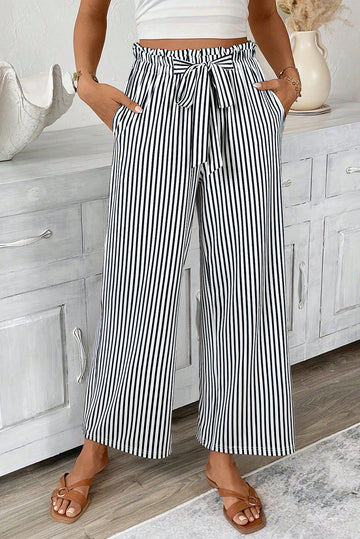 Black Stripe Tied High Waist Loose Straight Casual Pants